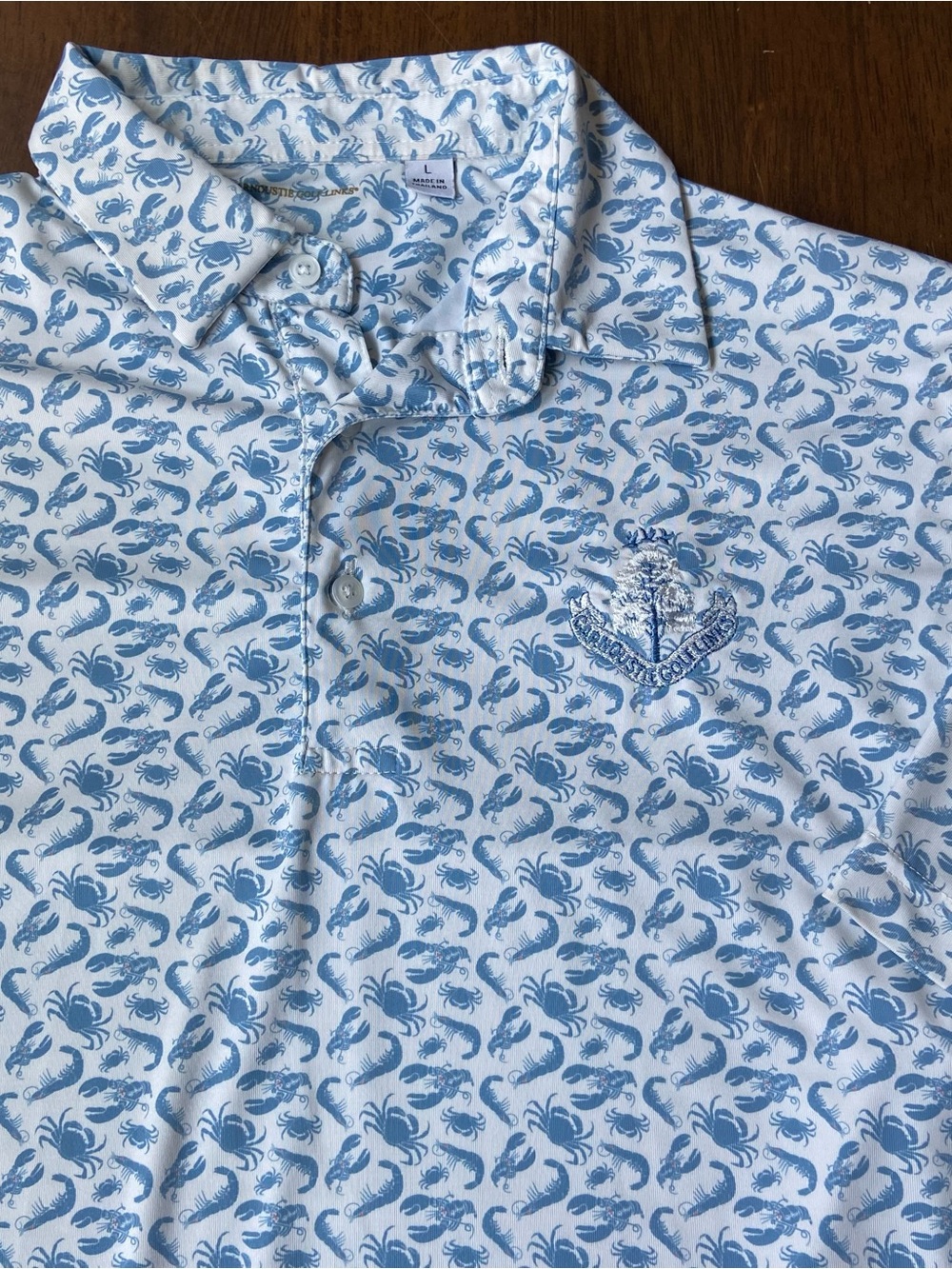 Carnoustie Golf Links Polo Shirt Mens L Blue Crustacean Print Short Sleeve